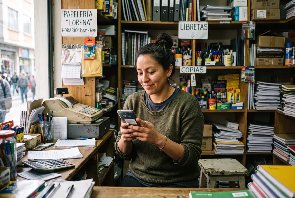 Dueña de una papelería revisando su celular detrás del mostrador