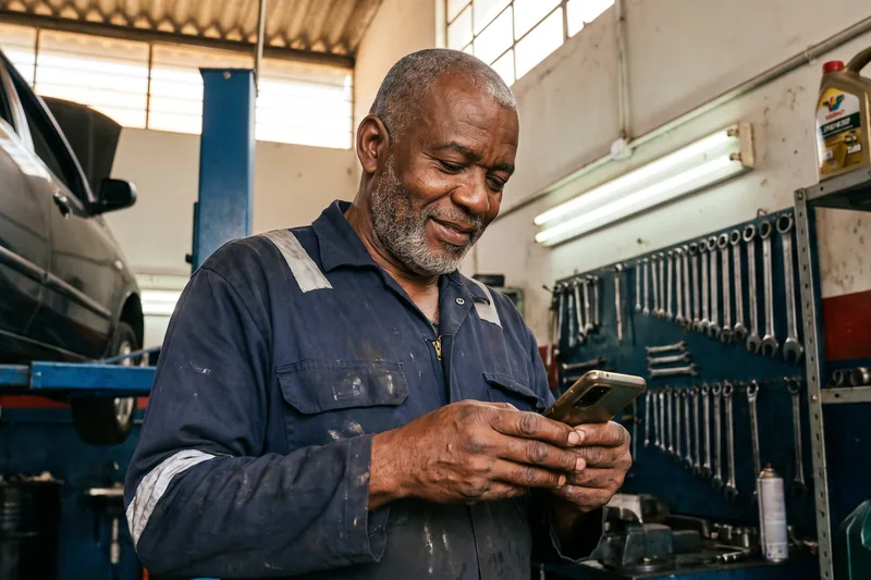 Dueño de un taller mecánico revisando un chat en el celular, con una media sonrisa